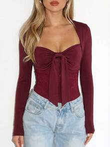 Áo dệt kim dài tay cổ tim dành cho nữ, có nơ trang trí, dáng suông, thích hợp mặc thường ngày. - Màu Đỏ Sâu - Xem 5