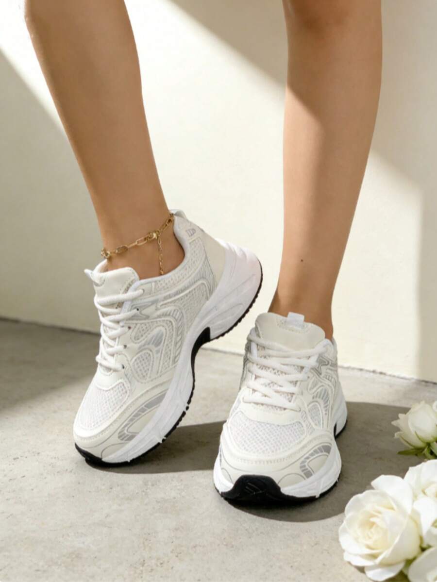 Women's Vintage - Style Dad Shoes, Mesh - Breathable With Thick Soles, Lightweight And Shock - Absorbing, White Sports Shoes For Daily Outings And Jogging - 米色 - 查看 1
