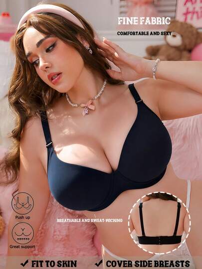 Plus Size Women's Black Intimate Apparel, Skin-Friendly Supportive Bra, Romantic French Casual Comfortable Minimalist Mature Charming Breathable Fabric Elegant Bra, Women's Sports Base Layer French Style Elegant Underwear