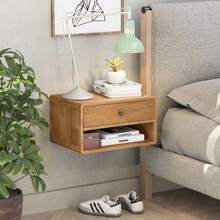 COZAYH Farmhouse Rubber Wood Floating Nightstand With Drawer And Open Shelf, Transitional Wall Mounted Side Table With Open Slot For Bedroom, Fully Assembled, Natural - Tự nhiên - Xem 12