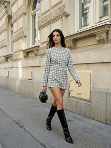 女士奢华千鸟格羊毛混纺两件套，优雅珍珠纽扣长袖外套和短裤，时尚帕丁顿熊风格套装，适合庆祝派对、夜店、街头穿着，春夏皆宜。 - 黑與白 - 查看 7