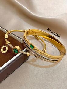 Conjunto de Joias de Pulseiras Rígidas Retro de Luxo em Aço Inoxidável Dourado com Zircónia Verde para Mulher, Elegante para Uso Diário/Verão/Festa, Presente para Mãe, Dia dos Namorados e Aniversário - Multicolorido - Ver 5