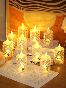 3/12/24pcs Crystal Diamond Shaped LED Electronic Candle Lights, Battery Powered Flameless Candle Lights For Indoor Decoration, Suitable For Wedding, Holiday Dining Table, Party Decoration - 無色 - 查看 3