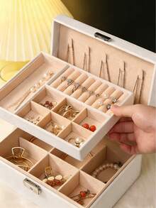 双层大容量可上锁首饰盒，仿麂皮内衬，多隔层首饰收纳盒，带抽屉和分隔板，抗氧化首饰盒，适用于项链、戒指、耳环、手镯、手表等，也可作为梳妆台装饰，是送给女性、女孩、首饰爱好者的理想礼物，适合生日、周年纪念日、节日等场合。 - 多色 - 查看 3