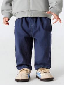 mini bala 2-6Y Kids Soft Denim Effect Pants, Seamless Waist, Spring 2026 Collection - Denim Dark Blue - View 1