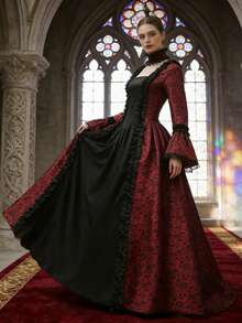 New Vintage Palace Style Printed Long Dress, Victorian Costume Performance Dress Halloween Costumes Spring Fall - Multicolor - View 4