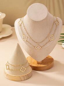 2件套时尚简约镂空四叶草金属吊坠项链手链套装，适合少女日常、派对、节日穿着