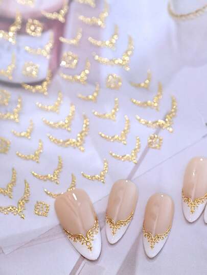 Pegatinas para manicura francesa en forma de V con estampado dorado 3D, pegatinas de línea francesa metálica vintage para uñas, decoraciones de uñas con arco cromado