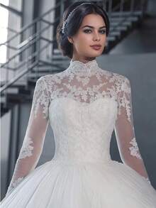 Elegante sexy encaje de manga larga aplicado una línea de tul vestido de novia formal, vestidos de oficina de registro vestido de novia, vestido de fiesta de fiesta de cumpleaños vestido de boda de país, vestido de novia de ceremonia de la iglesia romántica, adecuado para la boda, citas, fiesta, fiesta de solteros, vacaciones, ocasiones formales, vestido de cena, vestido de baile, desse de regreso a casa, fiesta de cóctel, vestido de invitado de boda, graduación - Blanco - Ver 2