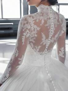 Elegante sexy encaje de manga larga aplicado una línea de tul vestido de novia formal, vestidos de oficina de registro vestido de novia, vestido de fiesta de fiesta de cumpleaños vestido de boda de país, vestido de novia de ceremonia de la iglesia romántica, adecuado para la boda, citas, fiesta, fiesta de solteros, vacaciones, ocasiones formales, vestido de cena, vestido de baile, desse de regreso a casa, fiesta de cóctel, vestido de invitado de boda, graduación - Blanco - Ver 3