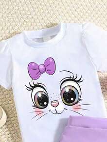 Toddler Cartoon Print Short Sleeve Top And Skirt Set - Purple - View 5