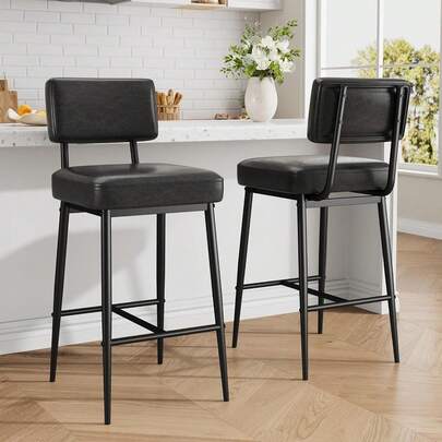 Juego de 2 taburetes de Bar de Piel sintética de 26 Pulgadas con Parte Trasera, Patas de Metal, sillas tapizadas Modernas para Isla, Barra de mostrador, Cocina, Color Negro
