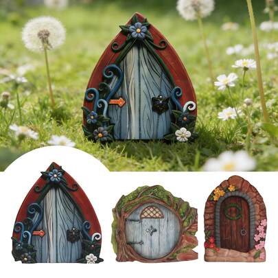 Fairy Garden Gate Decor, Mini Fairy Door Ornament, Potted Plant & Garden Micro Landscape Supplies, Outdoor Gardening Decoration (Double-Layer Wooden, 1cm Thick)