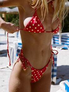 Women Two Piece Swimsuit Polka Dots Swimwear Halter String Triangle Bikini Sets Bathing Suit - Red - View 4