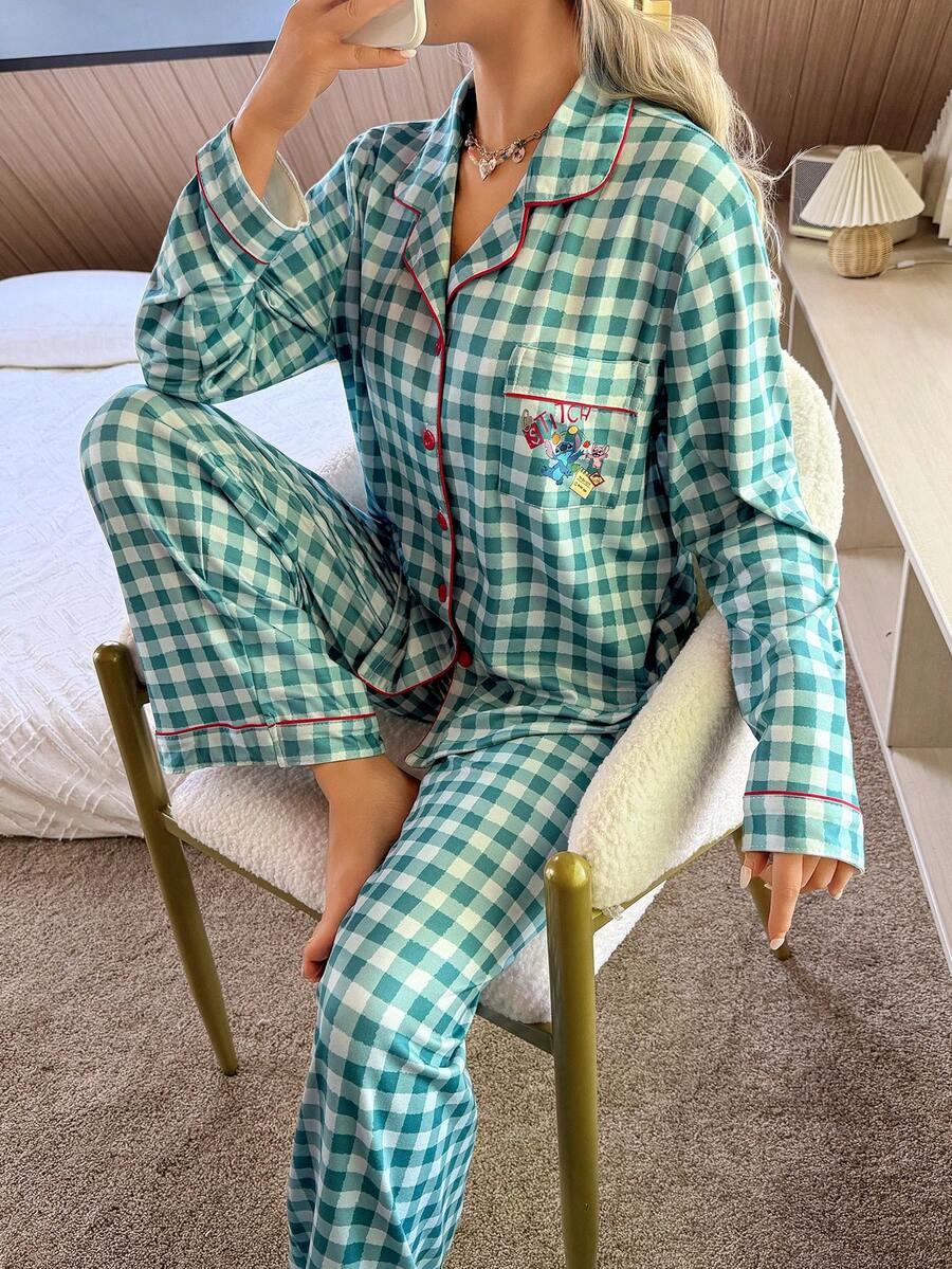 Disney Stitch Print Patchwork Pajama Set - Multicolor - View 1