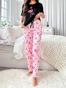 女士字母、爱心和火烈鸟印花休闲短款和长款睡衣套装 - 彩色 - 查看 3