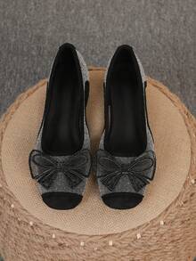 Quadratische Zehenkappe Plateau-Absatz Slip-On Schuhe, vielseitige Schleifendekor Schuhe, modische Loafer, schwarze High Heels, eine Nummer größer laufen, Größe 35-43 - Hohler schwarzer Sternenhimmel (Schwarzer Diamantbogen) - Übersicht 3
