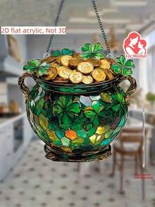 2D Flat Acrylic Four-Leaf Clover Golden Dreamcatcher Planter - 10cm X 10cm Window Hanging, St. Patrick's Day Theme Decoration, Perfect For Living Room, Patio, Garden, And Office, Ideal Gift For Mom And Family, Perfect Garden And Patio Decoration - Multicolor - View 9