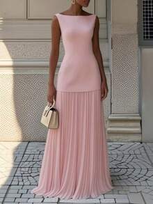 Elegant Boat Neck Maxi Dress Sleeveless Pleated Patchwork Long Gown For Wedding Guest Evening Party Formal Events - Hồng - Xem 7