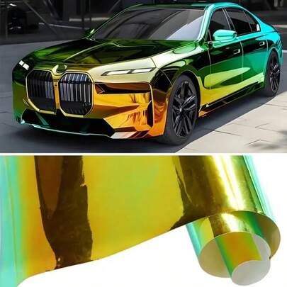 1pc Laser Rainbow Chameleon Car Wrap Film - Copper Electroplated Vinyl Decal, Waterproof Scratch-Resistant Durable, Suitable For Car Interior And Exterior Decoration, Elegant Electroplated Green Car Wrap Film