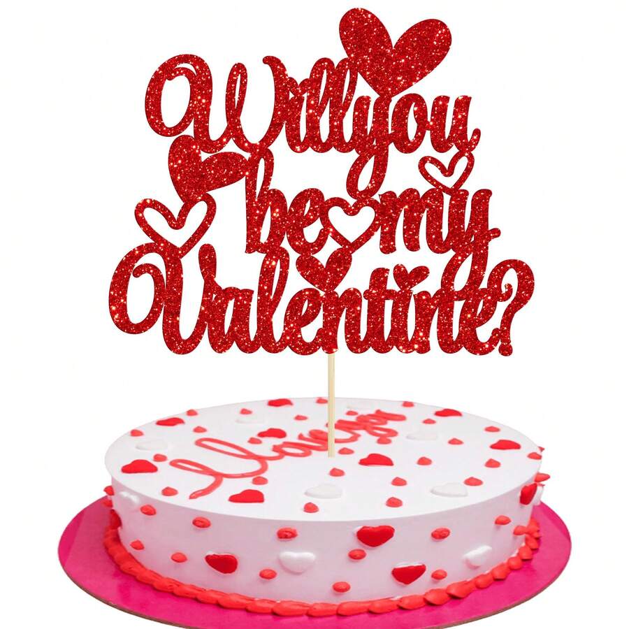 1pc Red & Pink "Will You Be My Valentine?" Cake Topper, Decoration For Valentine's Day Proposal Party - Red - View 1