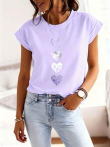 [Circle]Women's Casual, 4 Different Styles Of Heart Pattern Printed T-Shirts - Unique Heart Design, Casual Round Neck Tops - Breathable, Lightweight, And Comfortable, Suitable For Spring And Summer Wardrobe - 紫色 - 查看 6