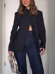 TF.MLN Áo khoác blazer nữ mùa xuân thu, tay dài, cổ đứng, kiểu dáng công sở, màu đen. - màu đen - Xem 4