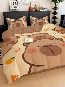 2/3pcs Bedding Set, Cute Capybara Pattern, Soft & Comfortable, Breathable, Suitable For All Seasons, Fits Twin, Full, Queen, King Size Beds. Simple Home Textile, Machine Washable, Autumn Bedroom Decor. Includes 1pc Duvet Cover And 1/2pc Pillowcase(S) (Comforter Not Included). - Brown - View 1