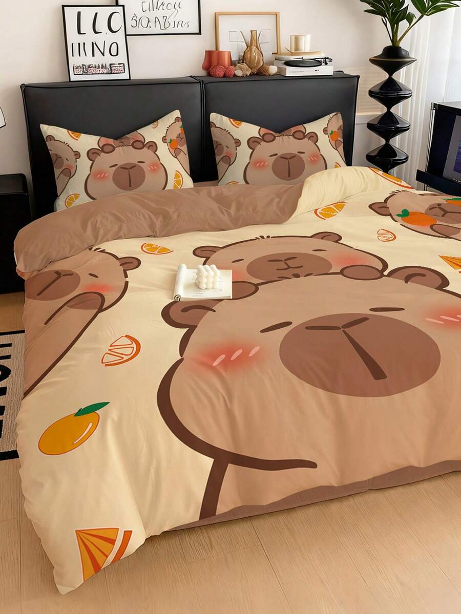 2/3pcs Bedding Set, Cute Capybara Pattern, Soft & Comfortable, Breathable, Suitable For All Seasons, Fits Twin, Full, Queen, King Size Beds. Simple Home Textile, Machine Washable, Autumn Bedroom Decor. Includes 1pc Duvet Cover And 1/2pc Pillowcase(S) (Comforter Not Included). - Brown - View 1