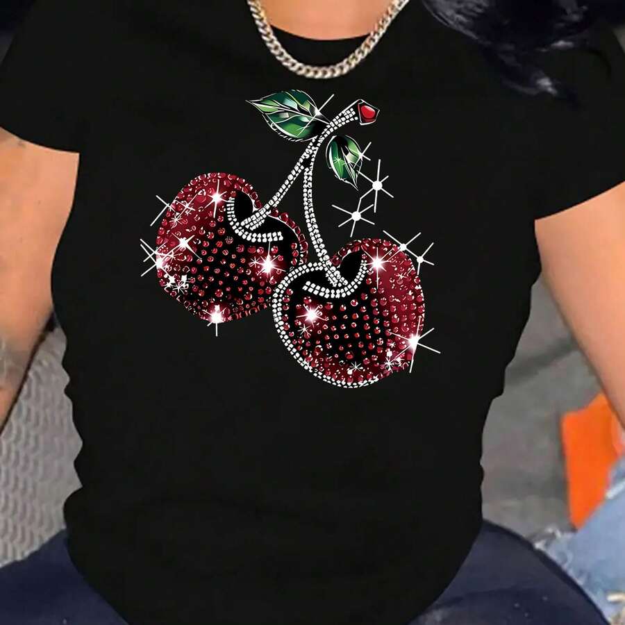 Women'S Sparkling Cherry Print Short-Sleeve T-Shirt Polyester Spandex Blend, Casual Crew Neck Tee with Medium Stretch, Seasonless Geometric Pattern Fashion Top - Negro - Ver 1