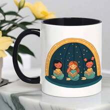1pc, 11oz, Little Mermaids Reading Books In An Archway, Reusable Mug Home, Office, And Gatherings, Great Parties - Black - View 1