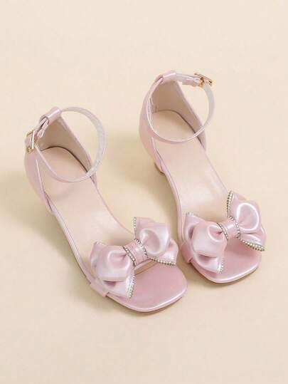 1 Pair Girls' Summer High Heel Sandals, Double Layer Pink Rhinestone Bow Decor, Dreamy Princess Shoes, Square Toe, Suitable For Parties, Gatherings, School Performances