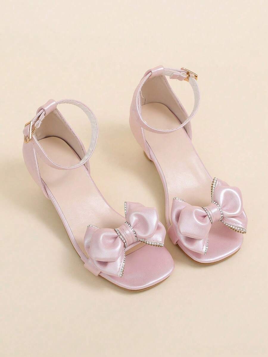 1 Pair Girls' Summer High Heel Sandals, Double Layer Pink Rhinestone Bow Decor, Dreamy Princess Shoes, Square Toe, Suitable For Parties, Gatherings, School Performances - Pink - View 1