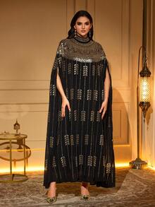 Elegant Long Abaya With Gold Beaded & Embroidered Details, Batwing Sleeves, Stand Collar, Black Woven Fabric, Non-Stretch - Black - View 4