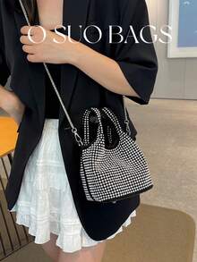 1pc Elegant Silver Handbag, Fashionable Rhinestone Bucket Bag With Chain Shoulder Strap - Silver - View 6