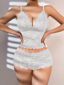 1 Set Women's Longline Wireless Lace Embroidered Floral Bra Set - White - View 6