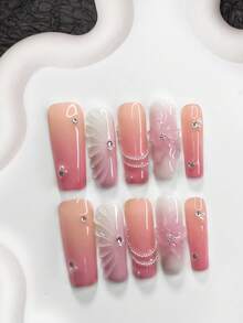 10片/套浪漫秋冬美甲贴纸，亚克力美甲套装，手绘五瓣渐变实心雕塑花朵，闪亮银色实心迷你圆形水钻美甲装饰，银色金属珠链，实心水波纹图案浅粉色贝壳美甲贴纸，甜美法式，白色指甲油美甲用品手工按压式美甲 - 彩色 - 查看 4