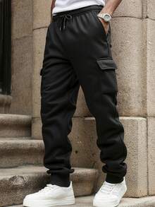 男士保暖内衬修身工装裤，带口袋，舒适合身，适合日常穿着、工作、旅行、跑步、休闲、办公、健身和户外活动。 - 黑色 - 查看 1