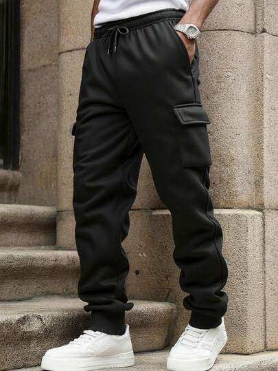 Men's Thermal Lining Slim Fit Cargo Pants, With Pockets, Comfortable And Fitted, Suitable For Daily Wear, Work, Travel, Running, Casual, Office, Fitness And Outdoor Activities