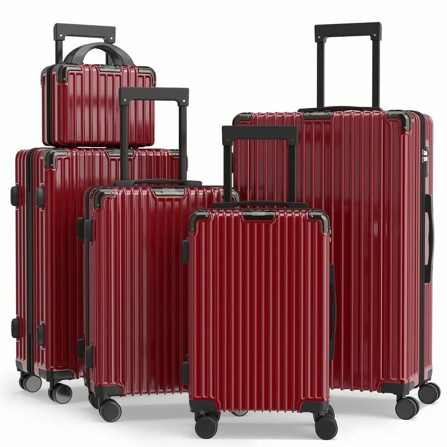 YSTYLE Suitcase, 5-Piece Set, Made Of PVC, With Combination Lock, Silent Wheels, Adjustable Length, Suitable For Business Trips, Boarding Schools And Student Dormitories For Storing Clothes. - 紅色 - 查看 1