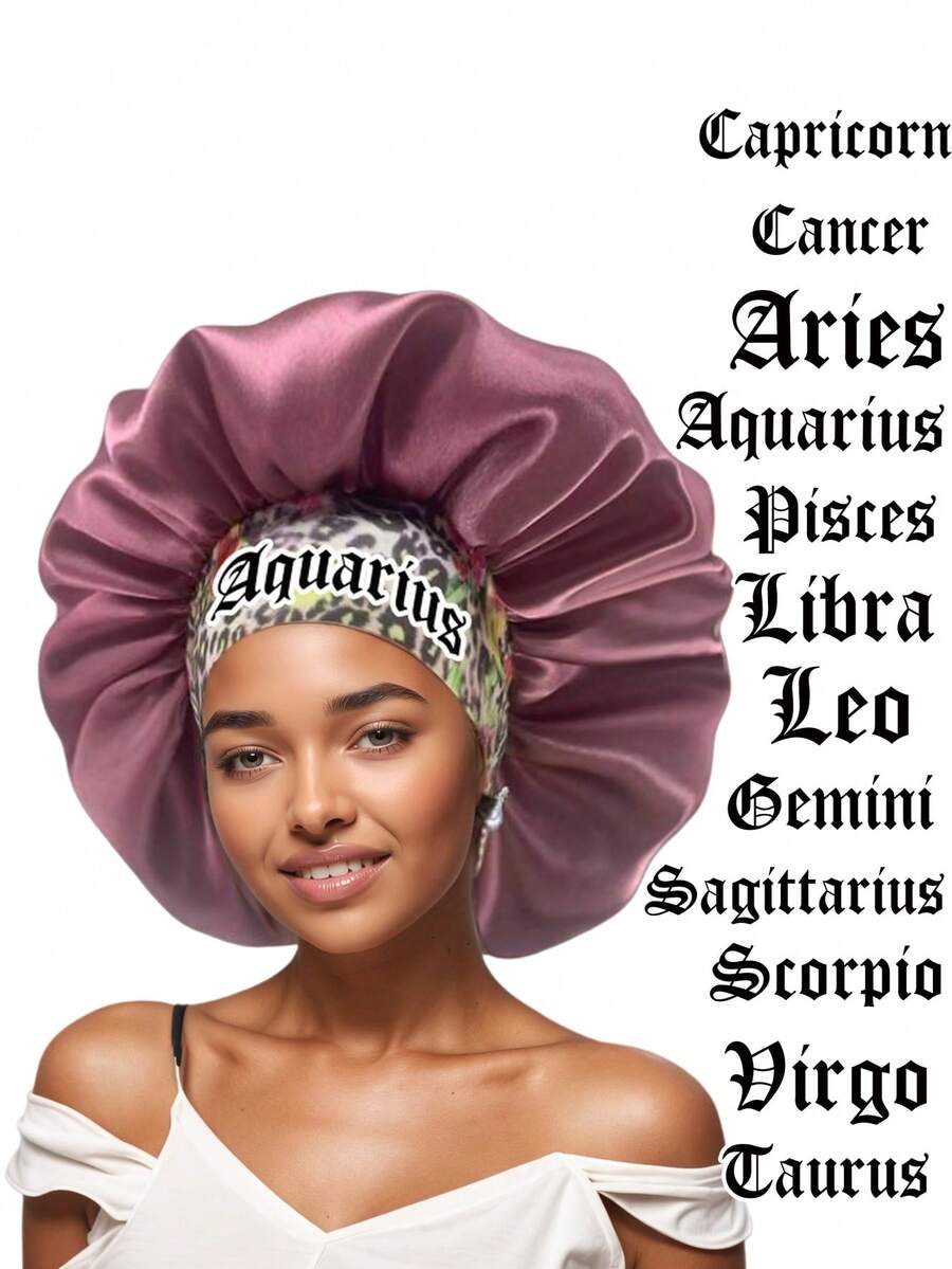 1PC Silky Satin Bonnet – Wide-Brim Elastic Sleep Hair Cap With 12 Constellations Print (Pattern Selected Randomly) - Bean Paste Red-sM15-3-constellation - View 1