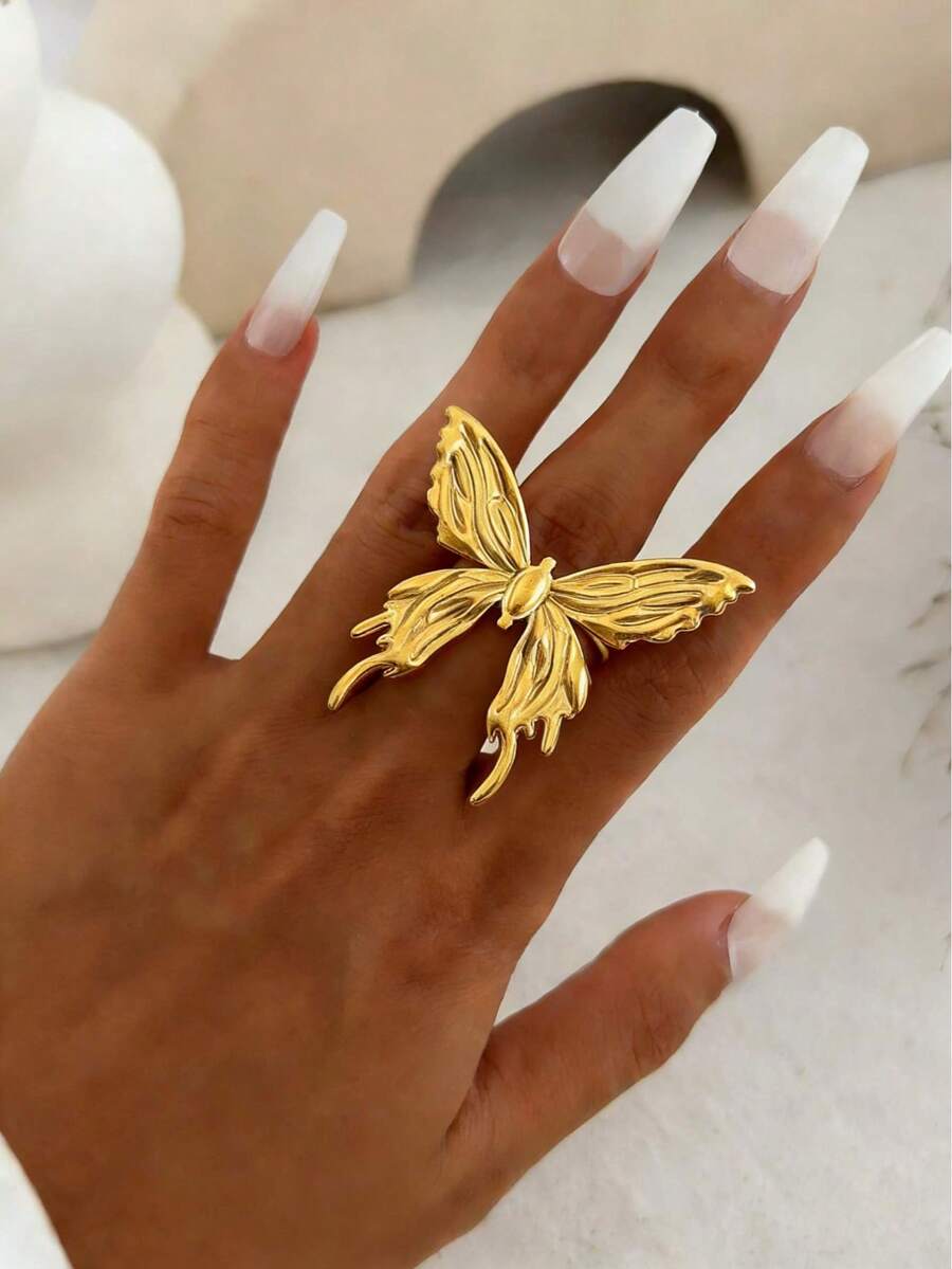 1枚时尚不锈钢花朵、蝴蝶、爱心和蝴蝶结装饰仿珍珠可调节戒指，适合女性日常佩戴和夏季度假佩戴，精美礼品 - 金黃色 - 查看 1