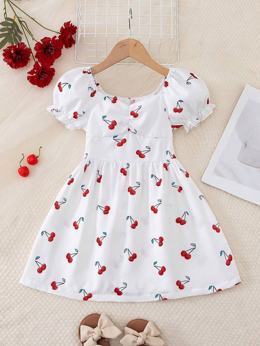 BASUSARRI Đầm bé gái mùa hè màu trắng họa tiết hoa, cổ bẻ, tay phồng, tươi tắn và thời trang, dễ thương và đơn giản.