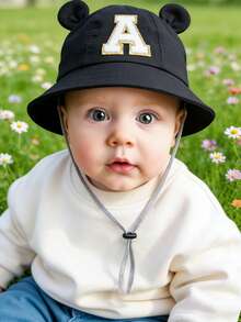 1pc A-Z Letter Print Sun Hat, Unisex Kids, Wide Brim Outdoor Sun Protection Cap With Chin Strap - Black - View 3