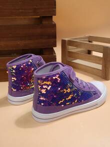 SUNCOM Comfortable & Non-Slip Kids Sneakers – High Top Glitter Canvas Shoes For Boys & Girls, Breathable & Versatile Hook & Loop Design - 紫色亮片 - 查看 2