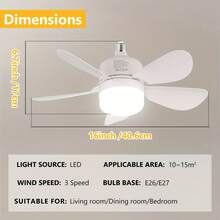 1pc Ceiling Fan With Light And Remote Control, Minimalist 5-Blade Round White Design, E27 Socket Compatible Noiseless Dimmable LED Light, Suitable For Bedroom, Kitchen, Living Room, Balcony Small Bulb/Ceiling Fan - 彩色 - 查看 2