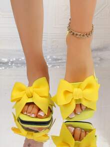 Plus Size Women Plastic Open Toe Comfortable Bow Decor Breathable Casual Slippers, Suitable For Home, Date, Vacation, Beach, Ideal Gift For Valentine's Day, Women's Day, Back To School Season - Yellow - View 3