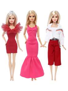 3 pièces Ensemble de vêtements et accessoires de mode pour poupée, convient aux poupées de fille de 11,5 pouces, comprend 2 tenues de poupée, une robe longue rouge élégante, un ensemble jupe et Top, jouet d'habillage de poupée, cadeau d'anniversaire, de Ramadan, de Pâques, de Noël (poupée non incluse) - Rouge - Voir 2