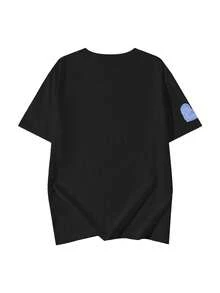 1件装 女士休闲宽松乡村风星形印花撞色T恤，时尚韩版学院风，圆领上衣，2026春夏款 - 黑色 - 查看 5