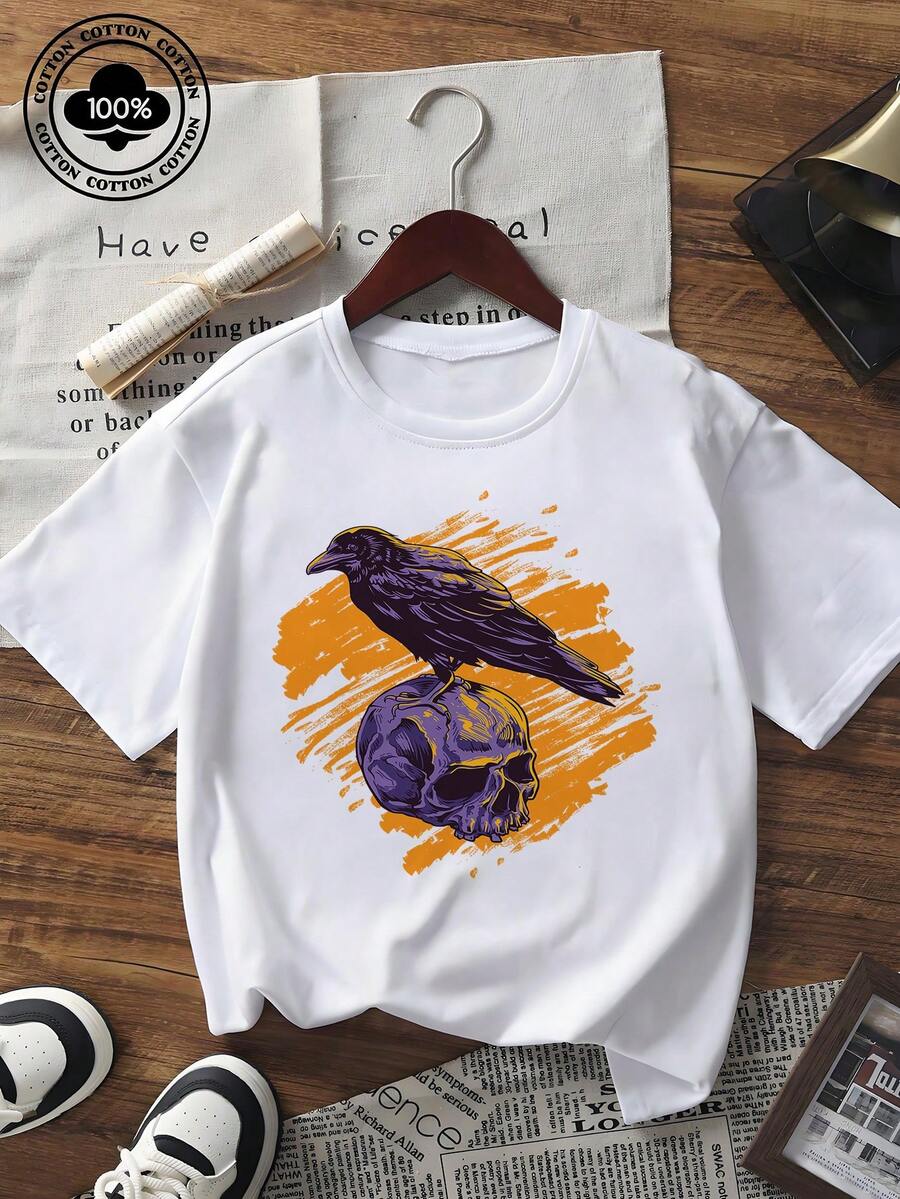 Women's Summer Short Sleeve T-Shirt Black Gothic Crow Standing On Skull Graphic Print Loose Fit Casual Tee Tops Vintage Streetwear Crew Neck Soft Comfy Daily Wear Fashion 2026  Plus Size Friendly For Weekend Outfits - 白色 - 查看 1